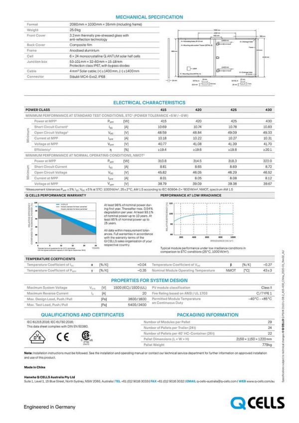 Thông số kỹ thuật tấm pin Qcells- 20 Wp